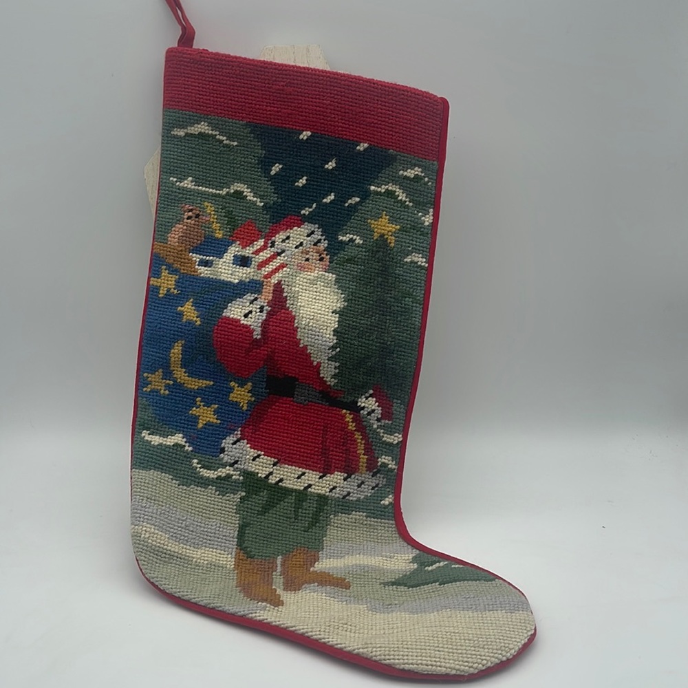 Santa Claus Needlepoint Stocking Velvet Backing Christmas Country Farmhouse